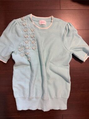 SAVIDA Blue Short-Sleeve Embellished Sweater